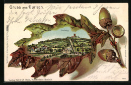 Passepartout-Lithographie Durlach, Ansicht Vom Turmberg Auf Eichenblatt  - Autres & Non Classés