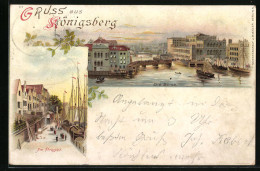 Lithographie Königsberg, Ortsansicht Mit Der Börse Und Am Preget  - Ostpreussen