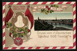 Passepartout-Lithographie Frankfurt A. M., 11. Deutsches Turnfest 1908, Stadtpanorama Und Mainansicht  - Autres & Non Classés
