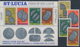 ST. LUCIA 1974 COINS OF OLD ST. LUCIA COMPLETE SET WITH MINIATURE SHEET MS MNH - Monnaies