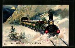 Künstler-AK Viel Glück Im Neuen Jahre, Eisenbahn Auf Winterlicher Bergfahrt  - Trains