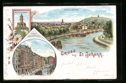Lithographie St. Johann, Partie An Der Saar, Winterberg-Denkmal, Untere Bahnhofstrasse  - Sonstige & Ohne Zuordnung