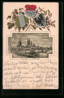 Passepartout-Lithographie Köln, Uferpartie Mit Dom, Wappen  - Sonstige & Ohne Zuordnung