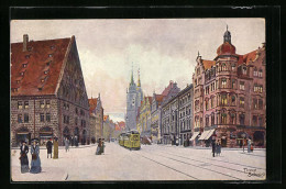 Künstler-AK Nürnberg, Königsstrasse Mit Lorenzkirche Und Strassenbahn  - Tramways