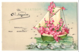 Zelluloid-AK Blumengeschmücktes Segelboot  - Other & Unclassified