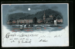 Mondschein-Lithographie Schandau, Flusspartie Mit Ortsansicht  - Bad Schandau