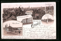 Lithographie Chemnitz, Haupt- Und Neumarkt, Saxoniabrunnen Und Schlossteich  - Chemnitz