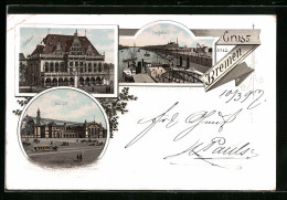 Lithographie Bremen, Rathhaus, Bahnhof Und Freihafen  - Bremen