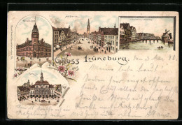 Lithographie Lüneburg, Viskuhlenhof Und Kaufhaus, Rathaus, Kaiserliche Post  - Lüneburg
