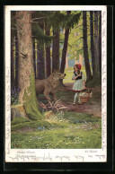 Künstler-AK Otto Kubel: Rotkäppchen Begegnet Wolf Im Wald  - Fairy Tales, Popular Stories & Legends
