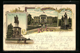 Lithographie Kiel, Universität, Löwe-Denkmal Und Kaiser WIlhelm-Denkmal  - Kiel