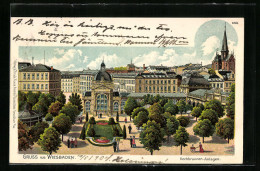 Lithographie Wiesbaden, Spaziergänger Vor Der Kochbrunnen-Anlage  - Wiesbaden