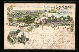 Lithographie Wiesbaden, Neroberg, Ortsansicht Und Aussichtsthurm Und Hotel Restaurant Gebrüder Krell  - Wiesbaden