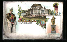 Lithographie Wiesbaden, Hoftheater Und Kaiser Friedrich Denkmal  - Theatre