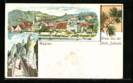 Lithographie Wehlen /Sächs. Schweiz, Teilansicht, Basteibrücke  - Wehlen