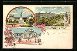 Lithographie München, Regierungsgebäude & Maximilianeum, Ruhmeshalle & Bavaria, Hof- & Nationaltheater  - Theatre