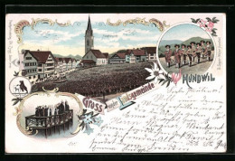 Lithographie Hundwil, Hauptansicht Mit Menschenmenge Vor Der Kirche, Wächter Mit Trommeln  - Altri & Non Classificati