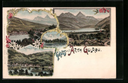 Lithographie Arth Goldau, Teilansicht U. D. Rigi, Insel Schwanau Und Lowerzer See, Panorama  - Arth