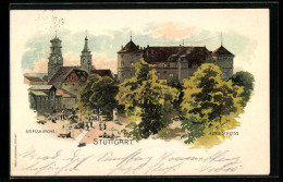 Lithographie Stuttgart, Stiftskirche Und Altes Schloss  - Stuttgart