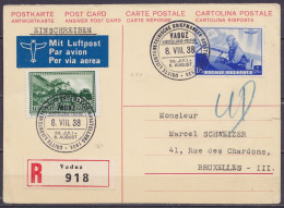 Liechtenstein - CP Recommandée Par Avion Affr. Mixte Tp Belgique N°469 Càpt "VADUZ /8.VIII.1938/ DRITTE LIECHTENSTEINISC - Covers & Documents