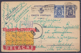 EP CP Publibel 573 "Biscuits Delacre" 50c Bleu + N°426 Flam. BRUXELLLES (Q.L.) /3.XI 1944 De Tervueren Pour RENNES Franc - Guerra 40 – 45 (Cartas & Documentos)
