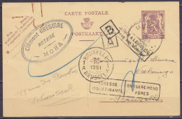 EP CP 90c Violet (type N°714) Càd MOHA /20 IV 1951 Pour BRUXELLES, Retour Car Adresse Insuffisante - Griffes [ADRESSE IN - Briefkaarten 1934-1951