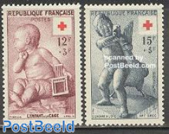France 1955 Red Cross 2v, Mint NH, Health - Nature - Religion - Red Cross - Birds - Angels - Art - Sculpture - Unused Stamps