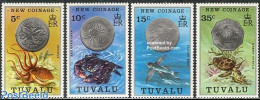 Tuvalu 1976 Coins 4v, Mint NH, Nature - Various - Fish - Reptiles - Shells & Crustaceans - Turtles - Money On Stamps - Poissons