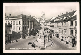 AK Baden, Platz Mit Hotel Stadt Wien Und Denkmal  - Autres & Non Classés