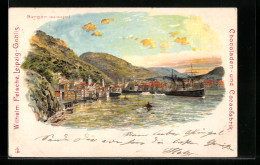 Lithographie Bergen, Ortsansicht Vom Wasser Aus, Mit Segelschiff  - Norway