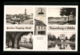 AK Kreuzburg, Geburtshaus Gustav Freytag, Städt. Volksbad, Rathaus  - Schlesien
