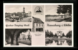 AK Kreuzburg, Heldendenkmal, Rathaus-Arkaden, Städ. Volksbad, Rathaus  - Schlesien