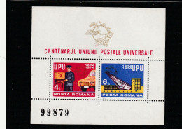 Romania 1974 - Centenary U.P.U. , Souvenir Sheet , Numbered ,  MNH ,Mi.Bl.112 - Unused Stamps