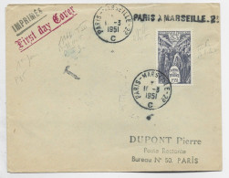 FRANCE SURTAXE 12FR N°879 SEUL LETTRE AMBULANT PARIS A MARSEILLE 2°C 10.3.1951 + GRIFFE 1ER JOUR DU TIMBRE - 1950-1959