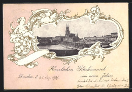 Passepartout-AK Dresden, Teilansicht Mit Brücke, Ornament Mit Kinderfigur, Neujahrsgruss  - Dresden