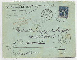 FRANCE SAGE 15C LETTRE AMBULANT PARIS A ROUEN B 3 NOV 1889 POUR SEES ORNE + RETOUR 2339 + REEXP - Bahnpost