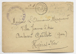 FRANCE LETTRE FRANCHISE  CHEMINS DE FER AMBULANT MOBILISATION SOISSONS A PARIS 1919 INDICE 19 COTE 420€ - Spoorwegpost