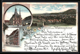 Lithographie Wernigerode, Rathaus, Altes Haus, Ortsansicht  - Wernigerode