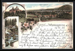 Lithographie Wernigerode, Schloss, Steinerne Renne, Ortsansicht  - Wernigerode