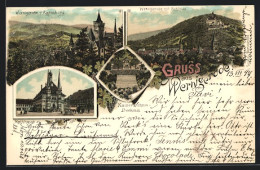 Lithographie Wernigerode, Rathaus, Kaiser-Wilhelm-Denkmal, Ortsansicht  - Wernigerode