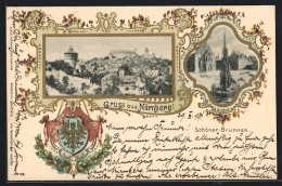 Lithographie Nürnberg, Schöner-brunnen, Teilansicht, Mit Wappen  - Nürnberg