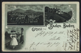 Lithographie Baden-Baden, Ebersteinschloss, Frau In Tracht, Ortsansicht  - Baden-Baden