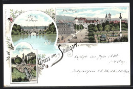 Lithographie Stuttgart, Eugen-Brunnen, Schloss Mit Anlagensee, Altes Schloss Mit Totalansicht  - Stuttgart