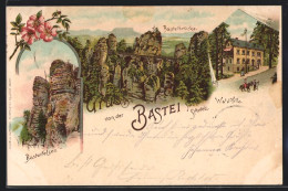 Lithographie Bastei, Gasthaus Wald-Villa, Basteibrücke  - Bastei (sächs. Schweiz)