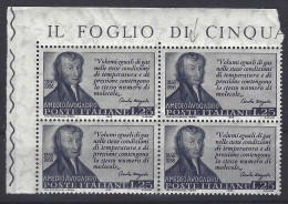 1956 Italia 802 Amedeo Avogadro Quartina Ang. Mnh** - 1946-60: Nuovi