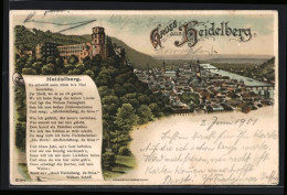 Lithographie Heidelberg, Totalansicht Aus Der Vogelschau, Gedicht  - Heidelberg