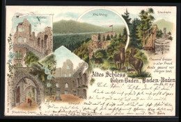 Lithographie Hohenbaden, Altes Schloss, Felsenbrücke, Rittersaal, Rehe  - Sonstige & Ohne Zuordnung