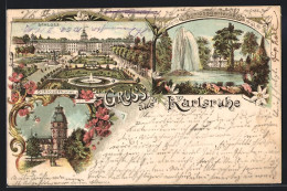 Lithographie Karlsruhe, Schloss, Schlossgartensee, Schlossturm  - Karlsruhe