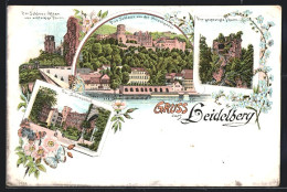 Lithographie Heidelberg, Der Schloss-Altan Und Achteckige Turm, Der Gesprengte Turm, Schlosshof  - Heidelberg