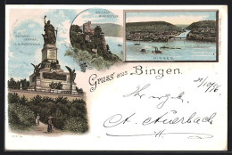 Lithographie Bingen, Teilansicht, Schloss Rheinstein, National-Denkmal A. D. Niederwald  - Bingen